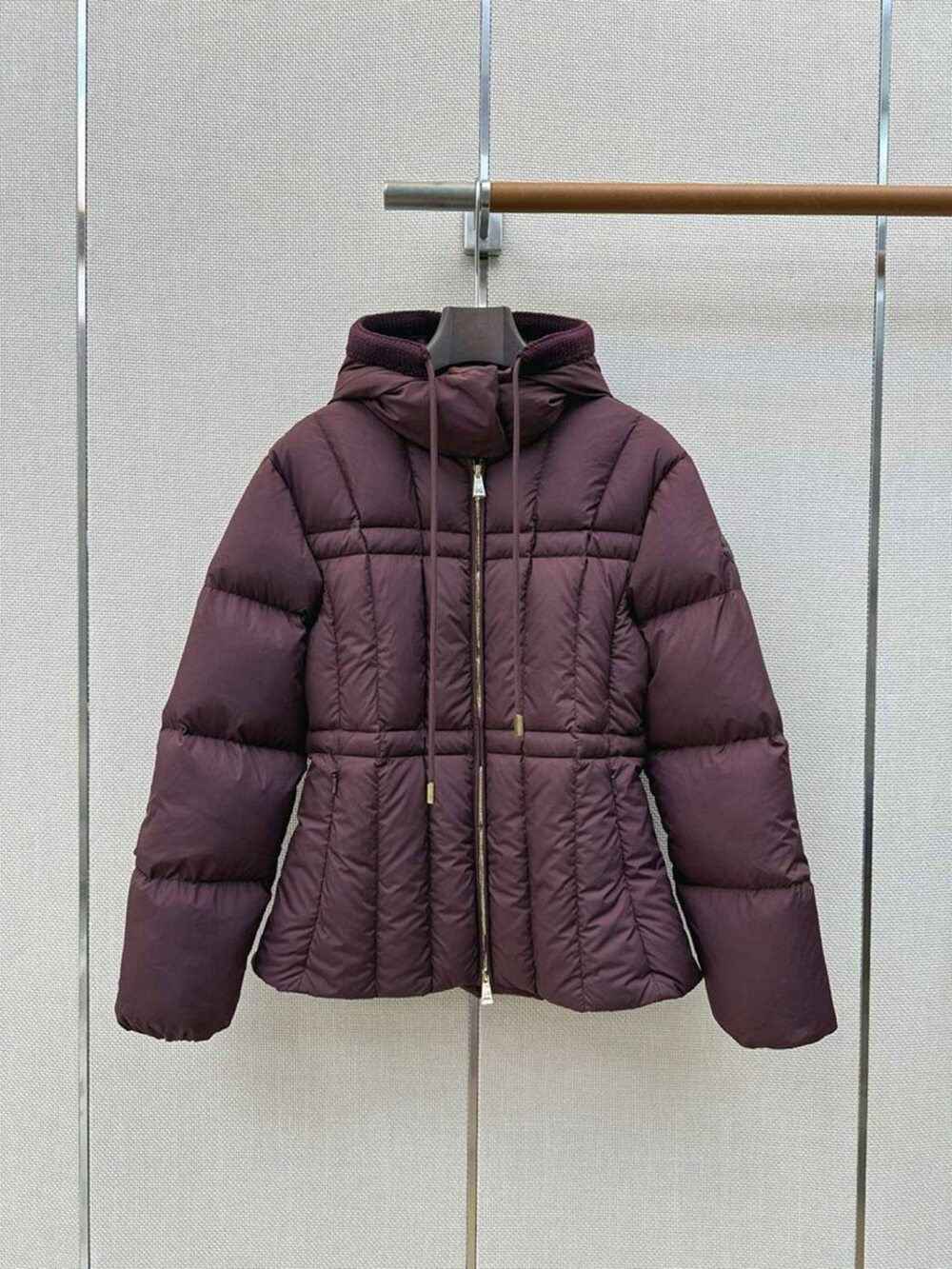 Moncler Burgundy Hooded Puffer Jacket Cinched Waist Gold Zipper